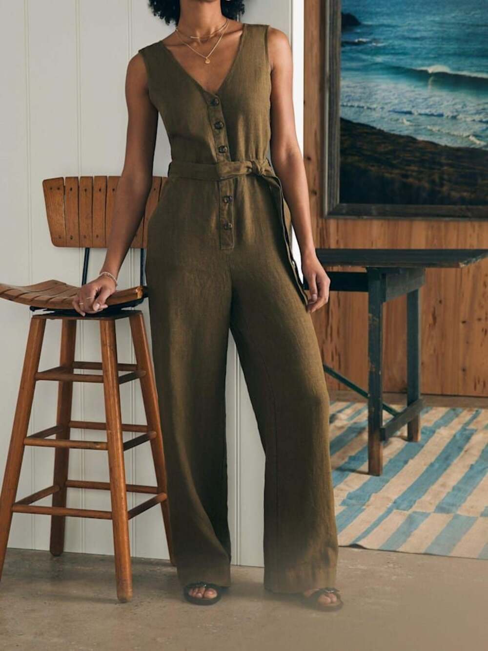 Faherty Alina Linen Jumpsuit Military Olive Size 4